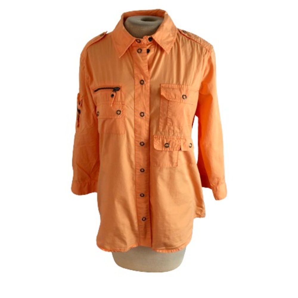 Chicos Snap Front Top Shirt Blouse Orange Peach M Medium